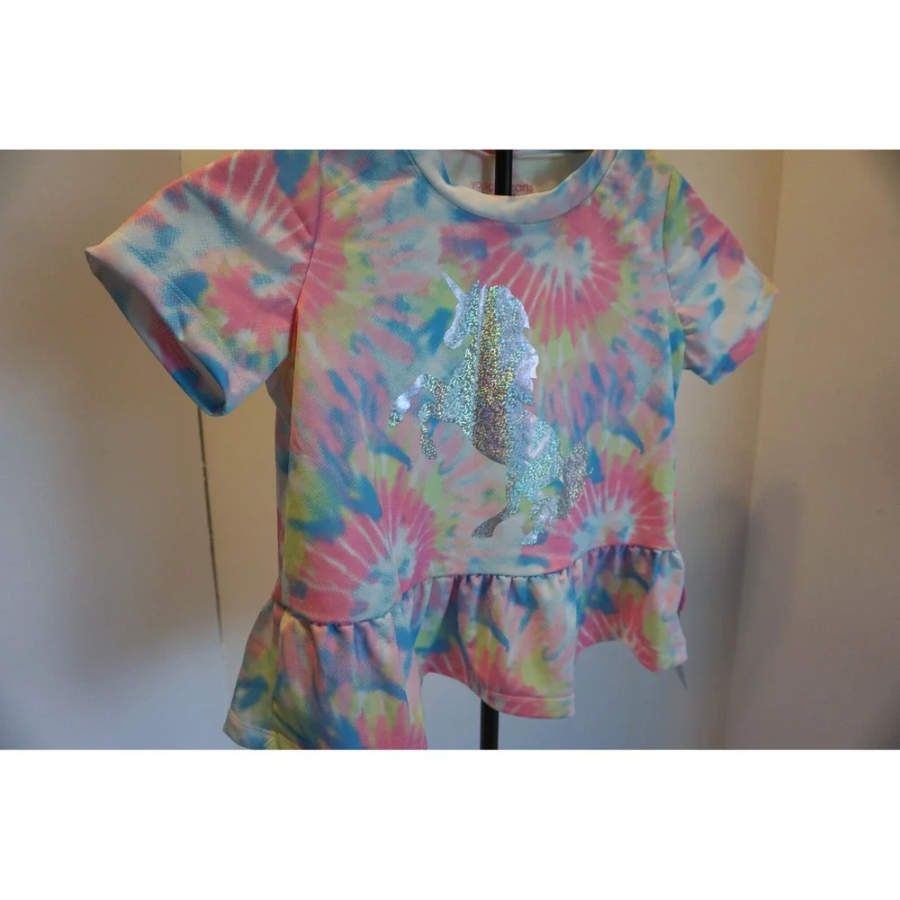 Young Hearts Girls TieDye Unicorn Peplum Swim Top Rash Guard UPF 50+ PinkBlue 10